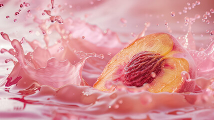 Juicy peach halves appear amidst the vibrant pink liquid.