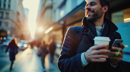 Wall Mural - Businessman handsome smile using mobile looking hand holding coffee cup in the London morning time