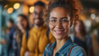 Close-up portrait of cheerful mixed race girl in a university class. Charming student and her multiethnic classmates smile cheerfully. Diversity in education and professional training.