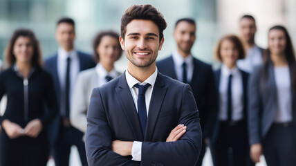 Happy young male business leader standing in front of her team