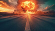Big explosion on the road at sunset.   Rendering