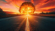 Conceptual image of atomic explosion on the road at sunset .