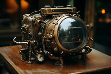 retro mechanical camera or hybrid measuring device, close-up of an object, steampunk-style concept