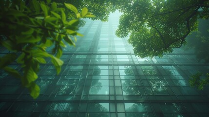 Poster - Go green concept in an eco-friendly building. Green leaves, leaves on the tree branches, and a glass building that leaves little carbon dioxide and heat in the air. An office building in the green