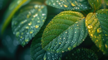 Poster - Close-up of green leaf with many water drops. Freshness by water droplets. Environmental care and sustainable resources. Natural green texture background.