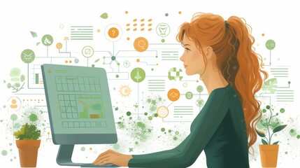 Canvas Print - The concept of ESG environment social governance investment business. Women use a computer to analyze ESG, surrounded by ESG icons. Close to the computer screen.