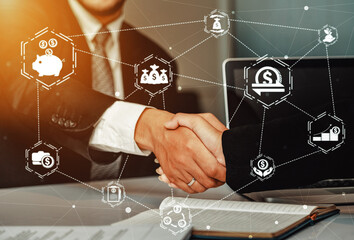 Finance and Money Transaction Technology Concept. Icon Graphic interface showing fintech trade exchange, profit statistics analysis and market analyst service in modern computer application.