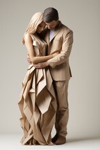 a man and woman wearing paper sculptures