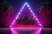 Green Pink Purple Color Triangle Neon Frame Podium With Tropical Palm Tree Leaves On Dark Blue, Background Template