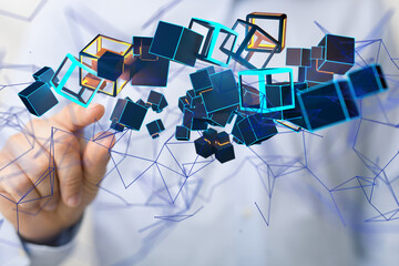 Poster - Global network. Blockchain. 3D illustration. Neural networks and artificial intelligence. Abstract  - neural network exposure digital