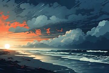 Wall Mural - big storm in nature seascape illustration