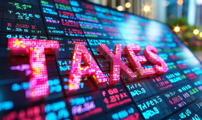 Wall Mural - Vivid neon TAXES sign on a dynamic business stock market financial display symbolizing tax season, financial analysis, and government revenue