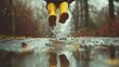 Joyful Leap: Child's Play in Rain Puddle