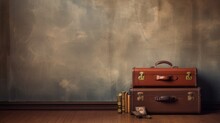 Vintage Suitcases On Old Wall. Travel Background