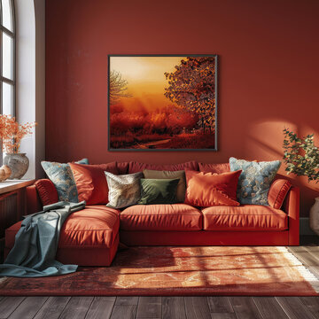hyper realistic 8k hight quality professional warm colors contrast photography of a beautiful elegant bohemian livingroom with an empty picture in the wall