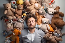 Man Surrounded By Stuffed Toys, Overwhelmed Yet Humorous