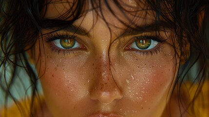 Wall Mural - Close up portrait of a woman with green eyes, freckles, and a joyful expression