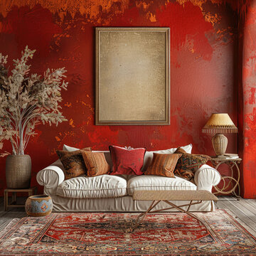 hyper realistic 8k hight quality professional warm colors contrast photography of a beautiful elegant bohemian livingroom with an empty picture in the wall