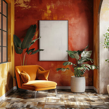 hyper realistic 8k hight quality professional warm colors contrast photography of a beautiful elegant bohemian livingroom with an empty picture in the wall