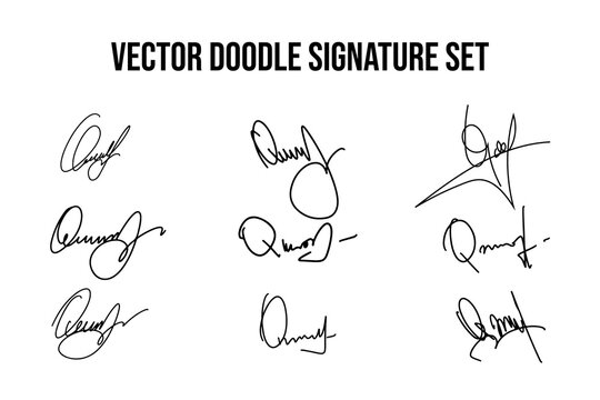Set of unique fictitious handwritten autograph doodles. Fake signature collection on Q letter. Scrawl lettering for business, signing of documents, certificates and contracts.	