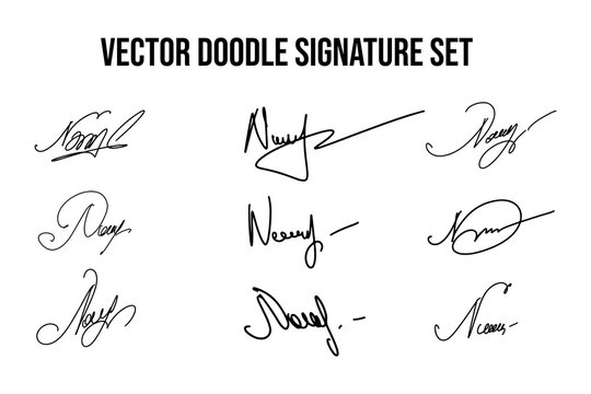 Handwritten fake signature set. Collection of vector fictitious autograph doodles on N letter. Scrawl lettering for business, signing of documents, certificates and contracts.