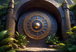 Fantasy illustration, a round entrance in the rock to a magical elven temple in a tropical cliff, a round entrance in the rock, an elven inscription on a huge metal door,
