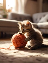 Two Playful Kittens Wrestling With A Ball Of Yarn In A Cozy Living Room Filled With Warm Sunlight Generative AI