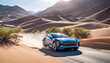 Modern business electric car driving through the desert at high speed, The car rushes through a beautiful landscape on a bright day, modern automotive technology,