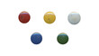 a set of colorful aged circles, rusty stationery tacks in png format, front view, isolated metal push rounded pins on transparent background