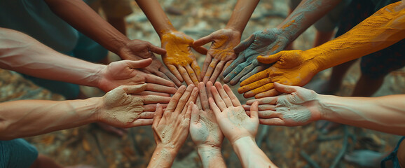 People holding hands together over grey stone background, top view. Unity concept.Ai
