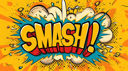 Smash! word in comic speech bubble style with explosion in pop art on trendy yellow background