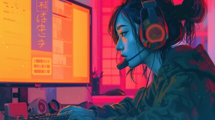 Anime Girl concept, woman with headset on a desktop computer