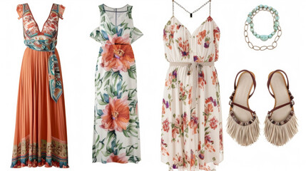 Wall Mural - A maxi dress with a mix of floral and tribal prints paired with a statement belt and fringed sandals creating a bohemian look perfect for a summer garden party.