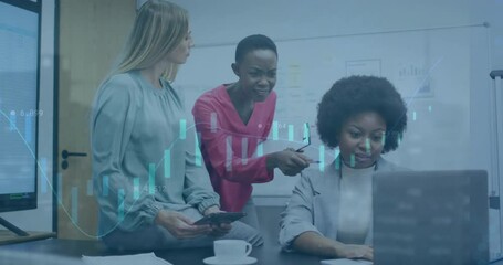 Poster - Animation of financial data processing over diverse business people in office