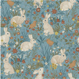 Fototapeta Storczyk - Lawn. Seamless pattern. Vintage vector illustration. White Bunnies are among the flowers. Blue