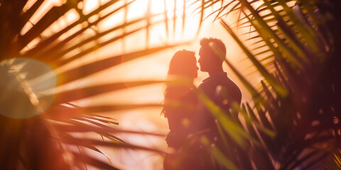 Wall Mural - Blurred background  silhouette of a romantic couple  in romantic or honeymoon trip , framed by palm leaves