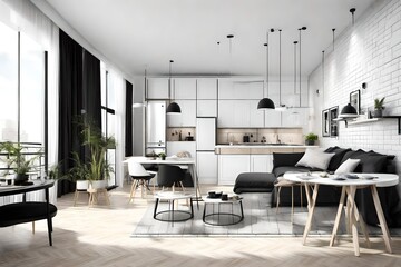 Poster - Small apartment with kitchen, living room and bedroom, white and black