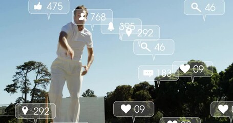 Poster - animation of digital data processing over caucasian cricket player on field