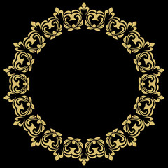 Wall Mural - Oriental round black and golden frame with arabesques and floral elements. Floral border with vintage pattern. Greeting card with circle and place for text