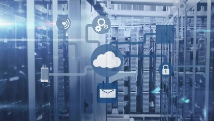 Poster - Animation of cloud icon with network of connections and data processing over computer servers