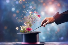 magicians hand with a wand, plucking a bouquet of flowers from a hat