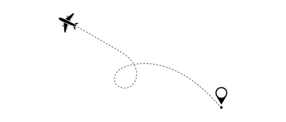 Airplane routes set. Aircraft planes tracking, travel, location pins, map pins. Route icon - two points with dotted path and location pin. Route location icon two pin sign and dotted line.