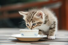 Kitten Licking Milk From A Small Saucer