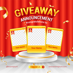 Giveaway winner announcement social media post banner template with 3d element