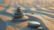 Serene balance stones on rippled sand at sunset, symbolizing peace and meditation. zen-like nature scene for relaxation. perfect for wellness backgrounds. AI