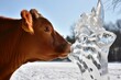curious cow sniffing at an ice sculpture shaped like a cow