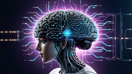 Digital human brain interfaced with a wireless chip Neuralink, representing the fusion of biotechnology and cybernetics. Futuristic Brain with Integrated Wireless Chip Technology. generative, AI