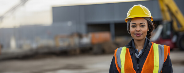 Wall Mural - Young African female construction engineer at work with safety helmet and vest background banner