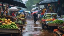 Outdoor Market In Vietnam On A Rainy Day