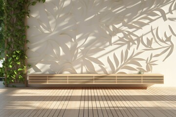 Wall Mural - Minimalistic light background with blurred foliage shadow on a light wall. background with green branch or plant